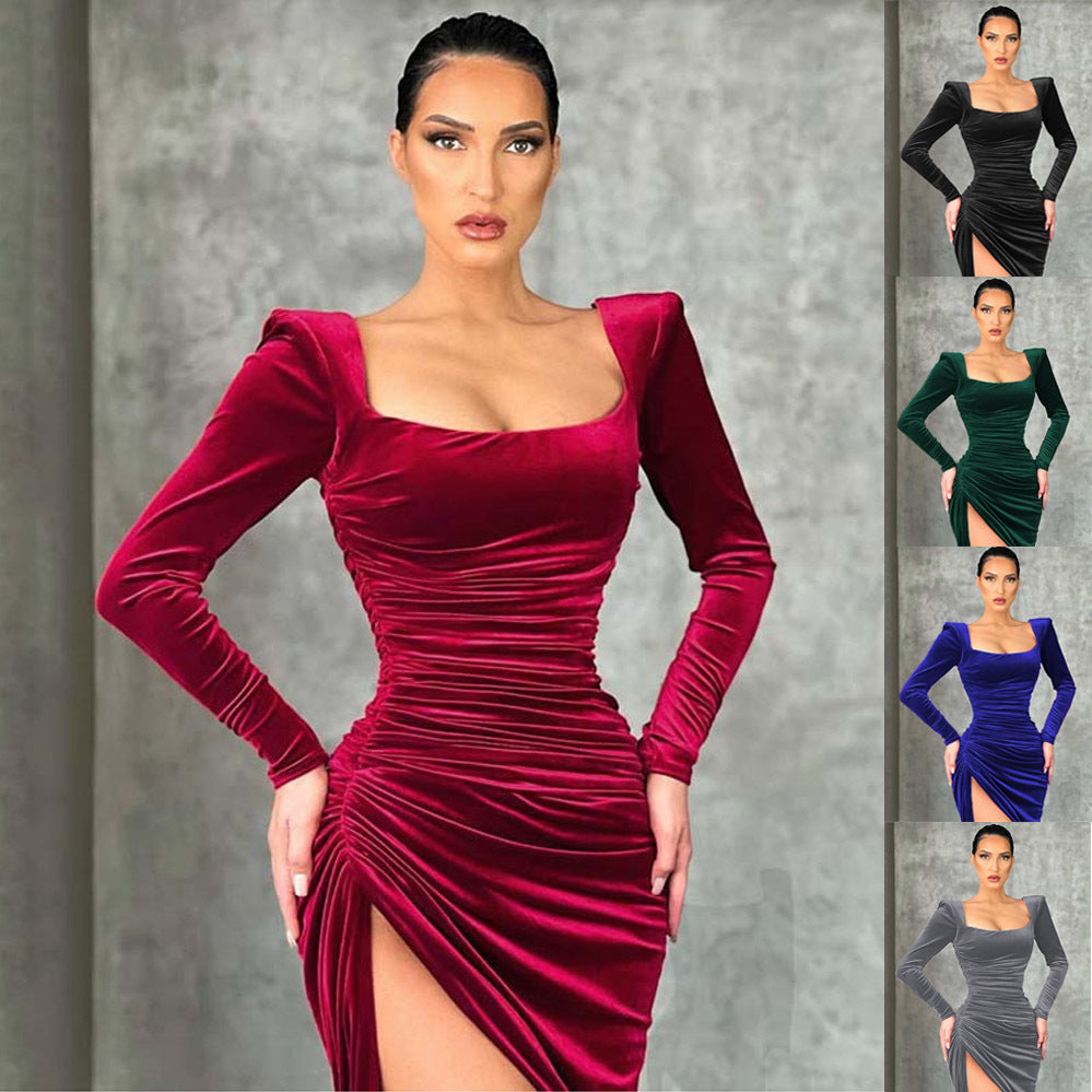 Women's Square Collar Folding High Waist Tuxedo Dress