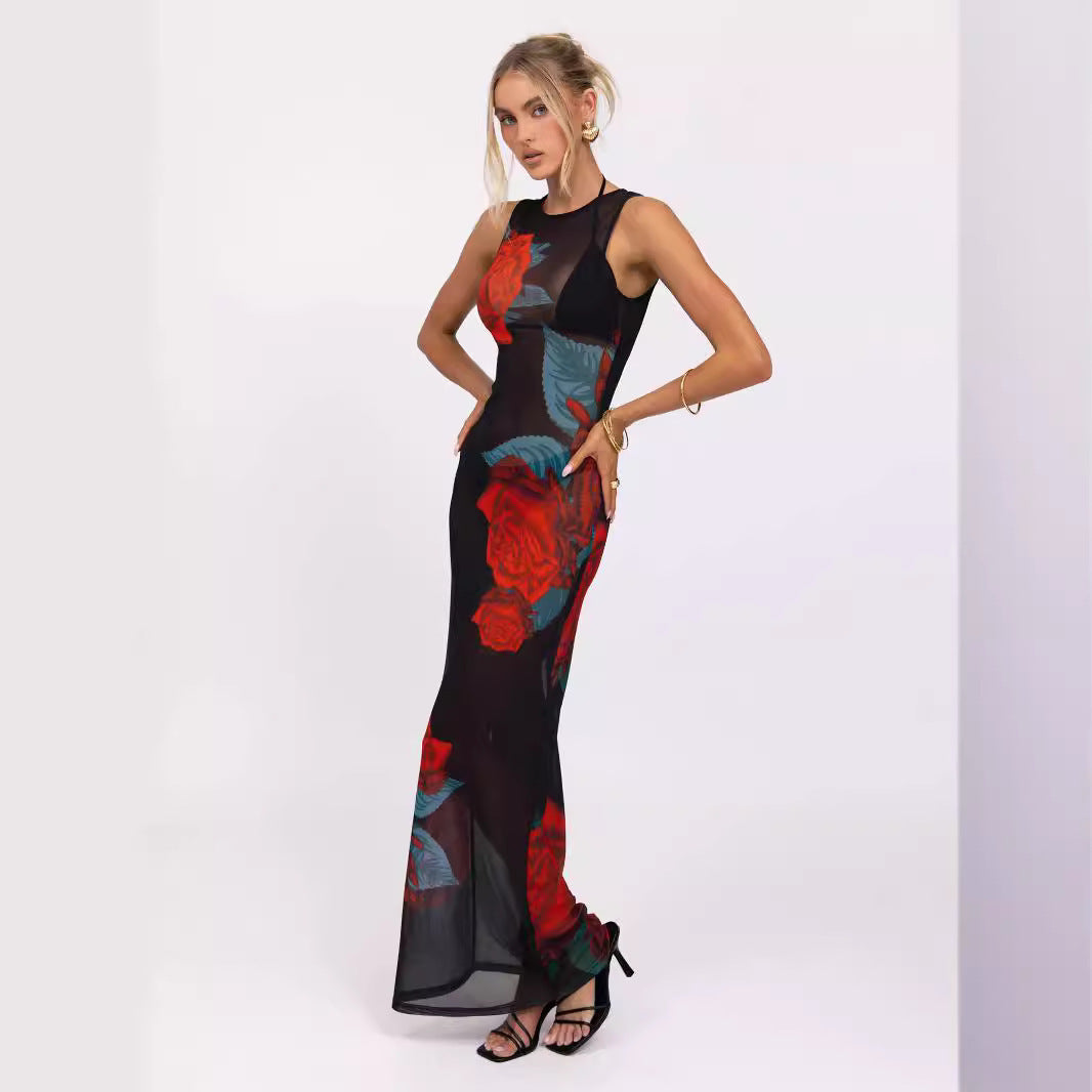 Women's Printed Round Neck Sleeveless Mesh Slim Fit Dress