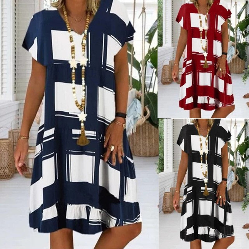 Short Sleeves With Sleeves Plaid Print Loose Long Skirt