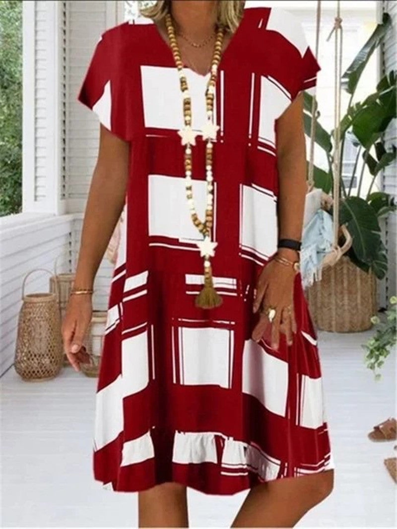 Short Sleeves With Sleeves Plaid Print Loose Long Skirt