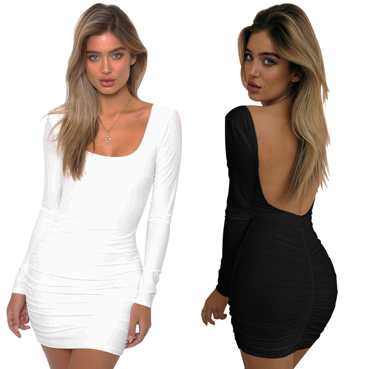 USA Size Black and white long sleeve sexy dew backpack hip fold nightclub dress