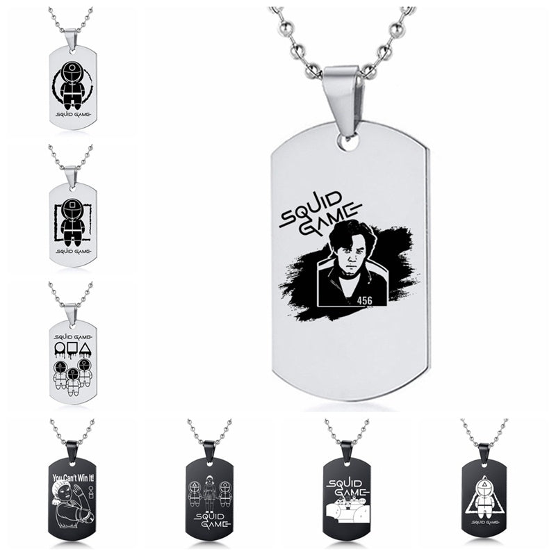 Engraved Squid Game Round Square Triangle Logo Stainless Steel Necklace Fashion Dog Tag Pendant Necklaces For Men Women