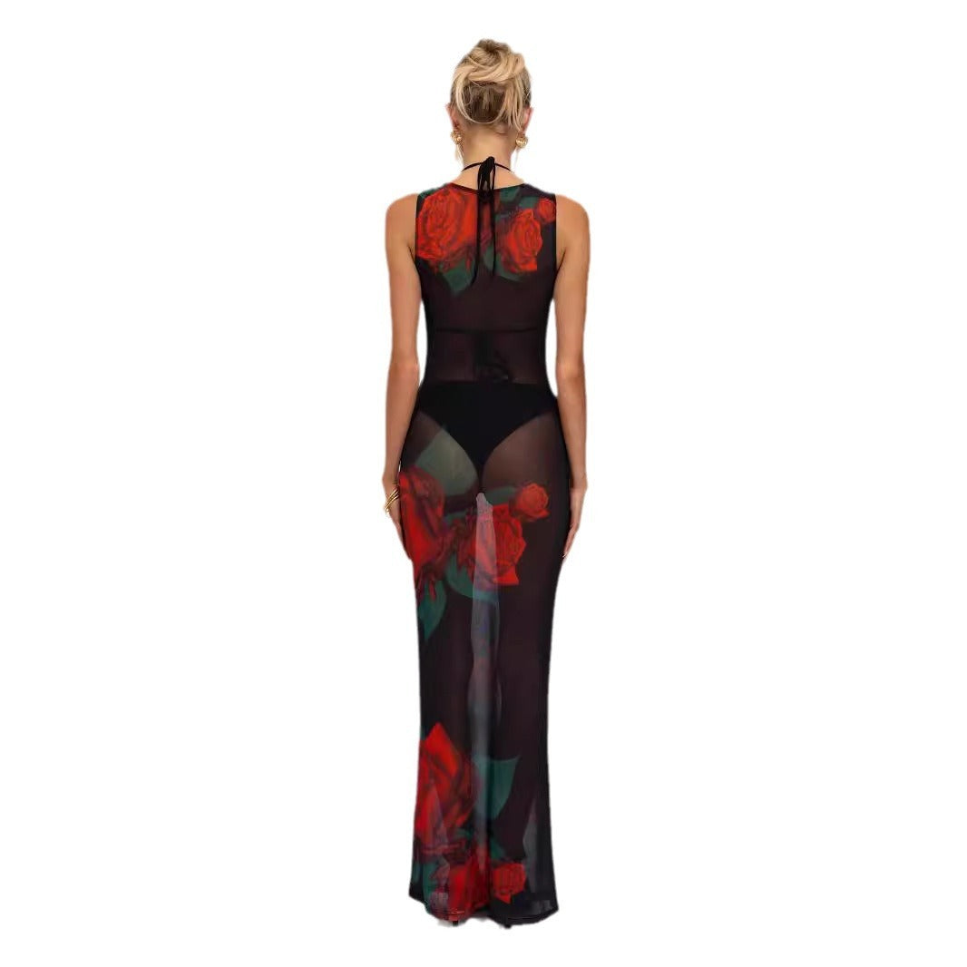 Women's Printed Round Neck Sleeveless Mesh Slim Fit Dress