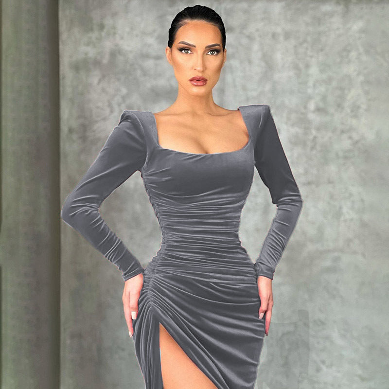 Women's Square Collar Folding High Waist Tuxedo Dress