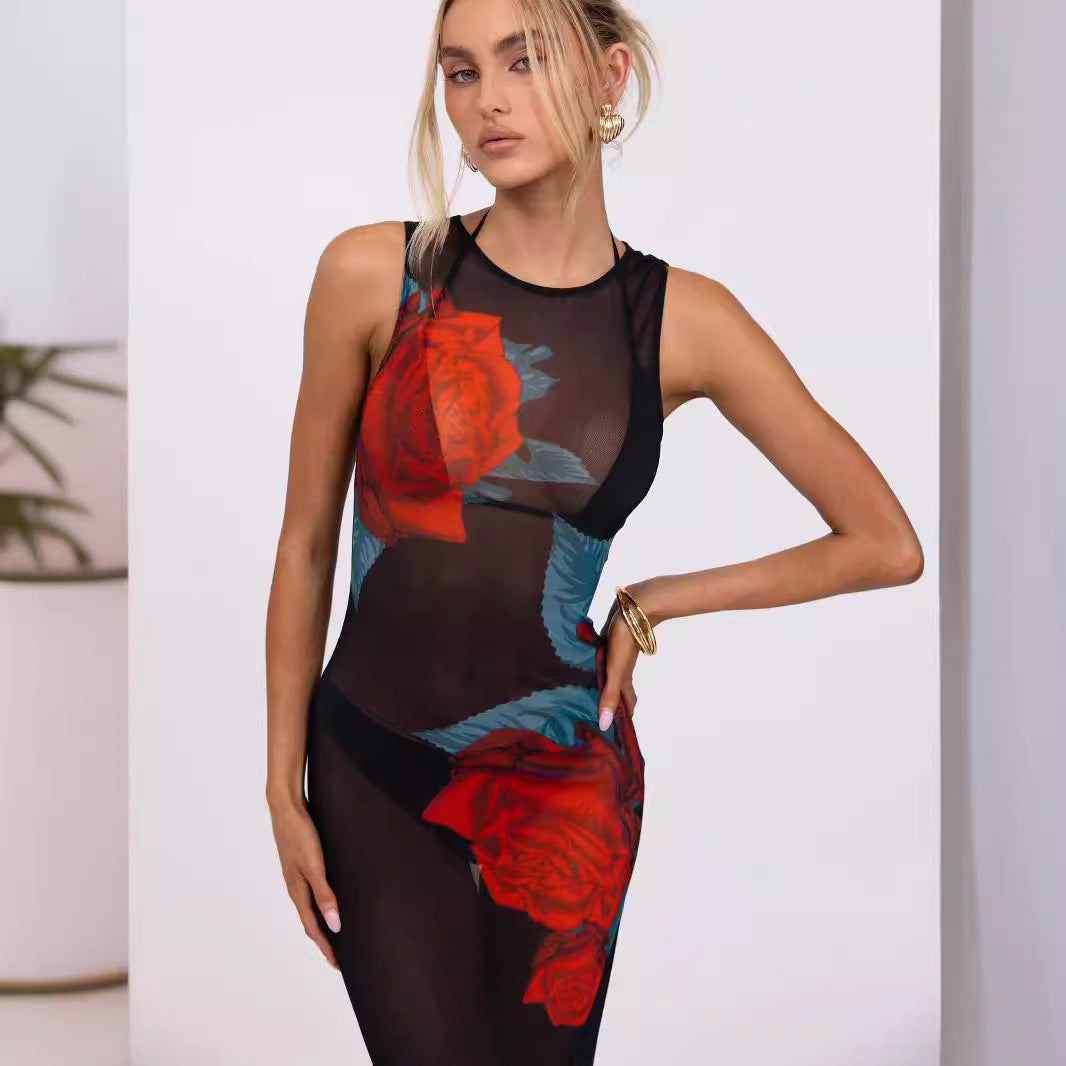 Women's Printed Round Neck Sleeveless Mesh Slim Fit Dress