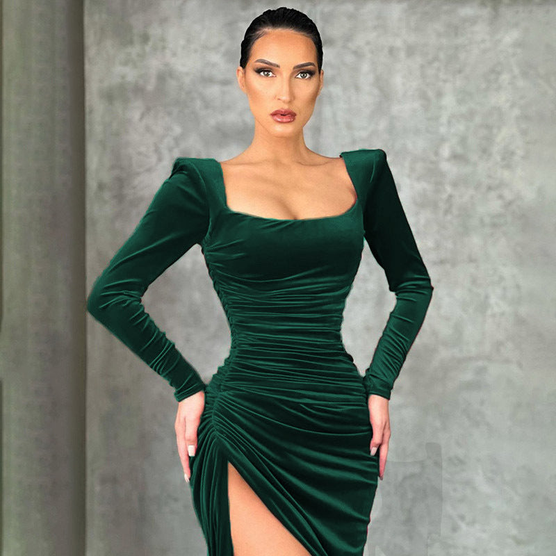 Women's Square Collar Folding High Waist Tuxedo Dress
