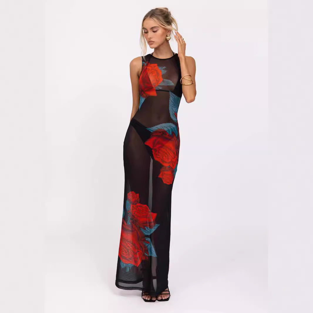 Women's Printed Round Neck Sleeveless Mesh Slim Fit Dress
