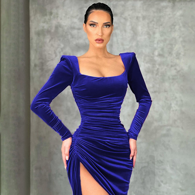 Women's Square Collar Folding High Waist Tuxedo Dress