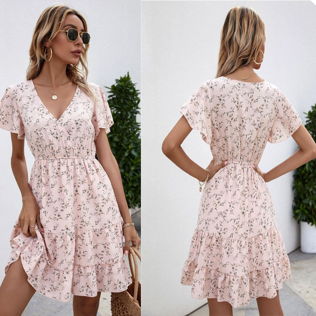 New V-Neck Flared Sleeve Floral Pleated Dress