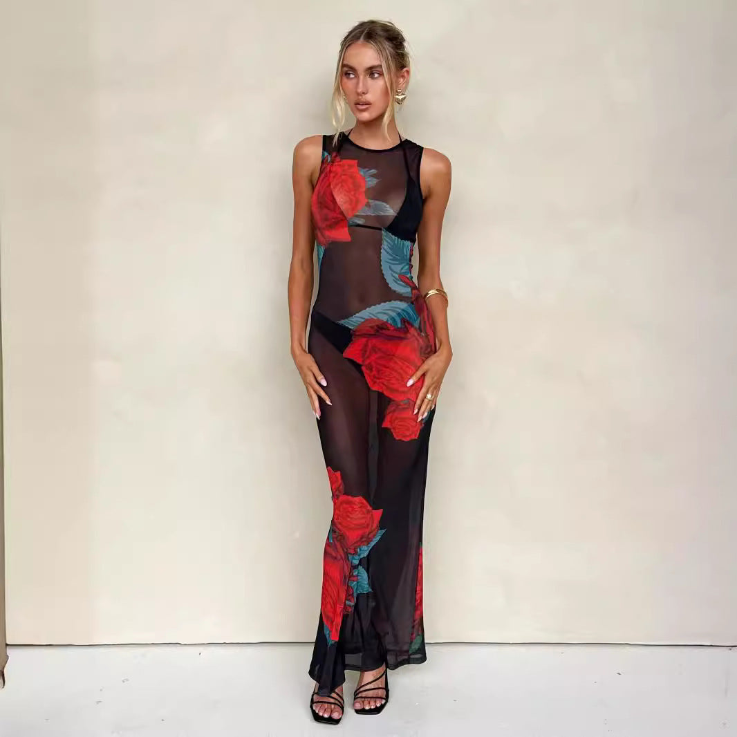 Women's Printed Round Neck Sleeveless Mesh Slim Fit Dress