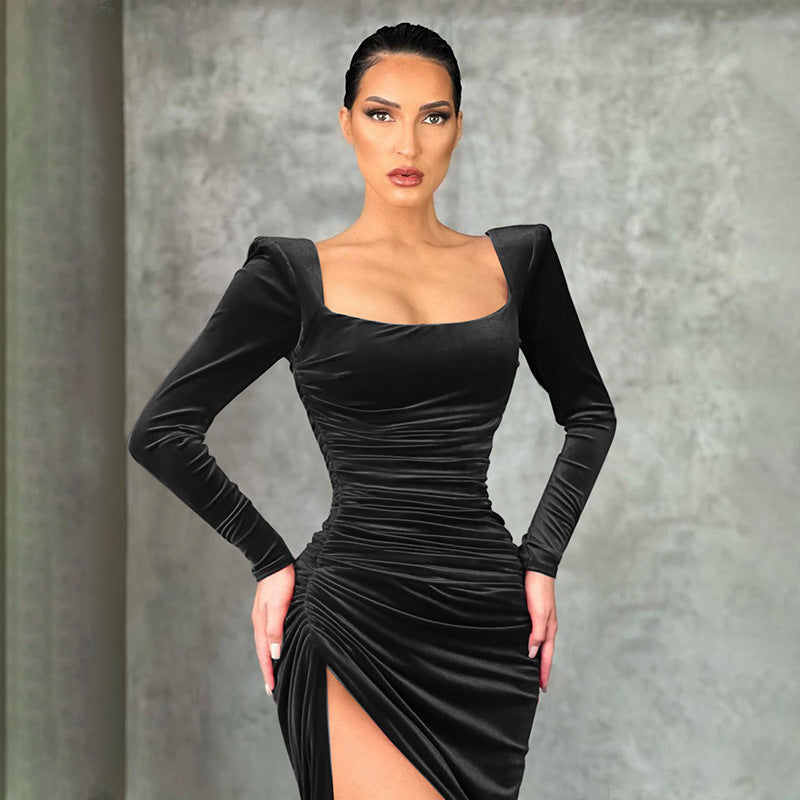 Women's Square Collar Folding High Waist Tuxedo Dress